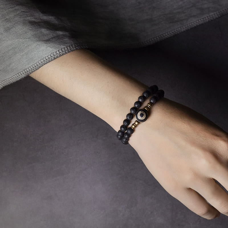 Stone of buddha Vintage Lava Rock Three-eyed Dzi Bead Copper Brass Beads Double Wrap Healing Bracelet