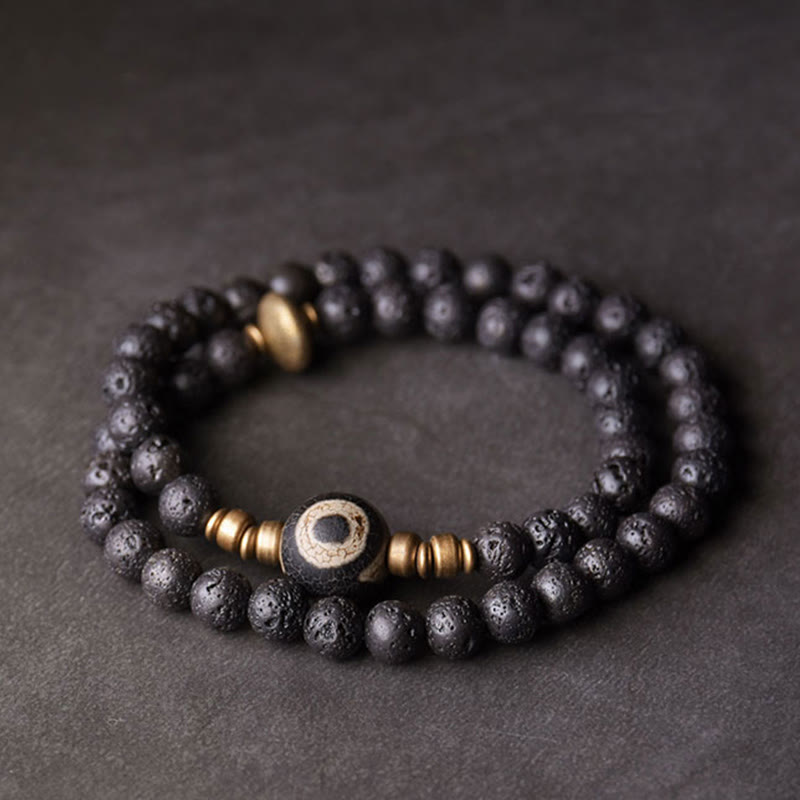 Stone of buddha Vintage Lava Rock Three-eyed Dzi Bead Copper Brass Beads Double Wrap Healing Bracelet