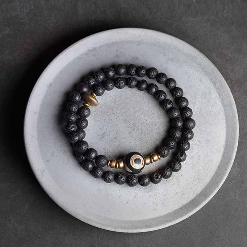 Stone of buddha Vintage Lava Rock Three-eyed Dzi Bead Copper Brass Beads Double Wrap Healing Bracelet