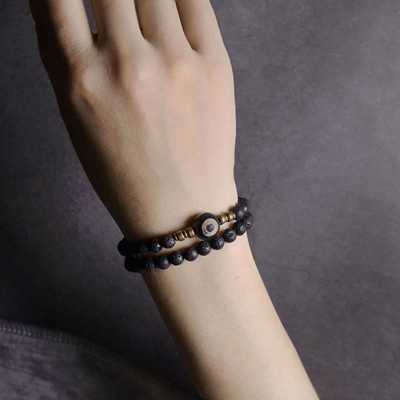 Stone of buddha Vintage Lava Rock Three-eyed Dzi Bead Copper Brass Beads Double Wrap Healing Bracelet