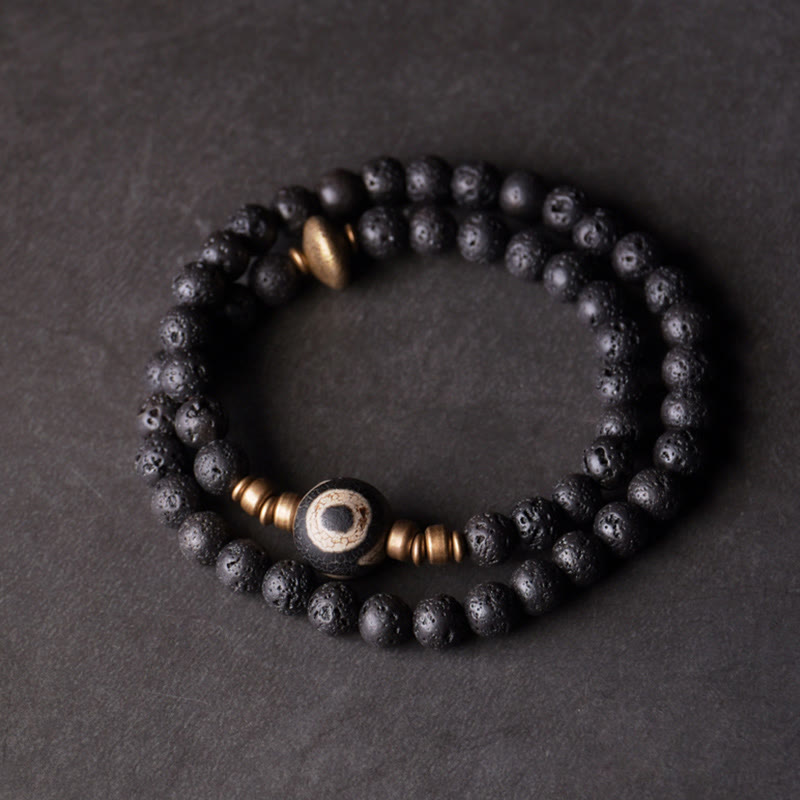 Stone of buddha Vintage Lava Rock Three-eyed Dzi Bead Copper Brass Beads Double Wrap Healing Bracelet