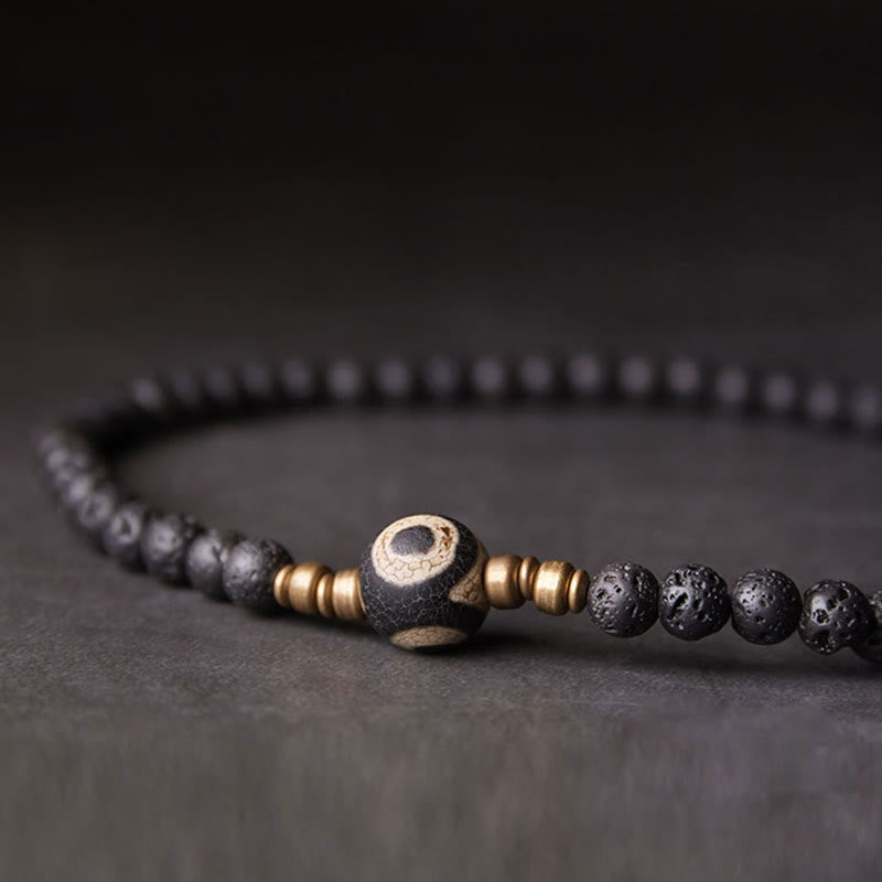 Stone of buddha Vintage Lava Rock Three-eyed Dzi Bead Copper Brass Beads Double Wrap Healing Bracelet