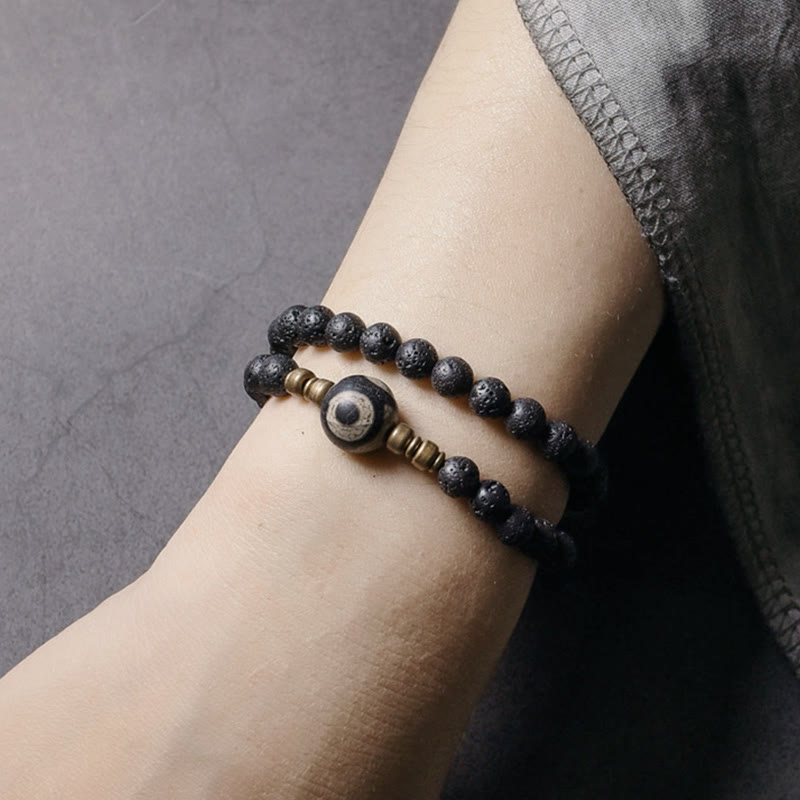Stone of buddha Vintage Lava Rock Three-eyed Dzi Bead Copper Brass Beads Double Wrap Healing Bracelet