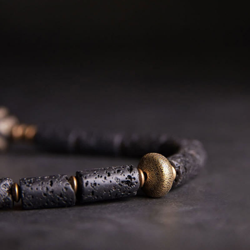 Stone of buddha Vintage Lava Rock Three-eyed Dzi Bead Copper Brass Multi-turn Wrap Calm Bracelet