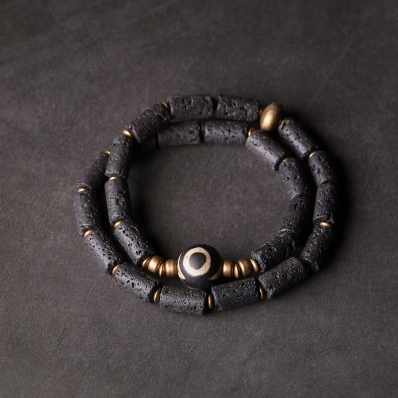 Stone of buddha Vintage Lava Rock Three-eyed Dzi Bead Copper Brass Multi-turn Wrap Calm Bracelet