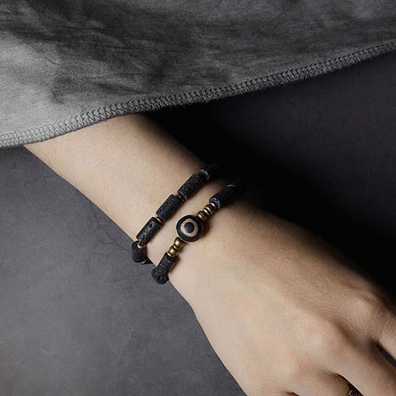 Stone of buddha Vintage Lava Rock Three-eyed Dzi Bead Copper Brass Multi-turn Wrap Calm Bracelet