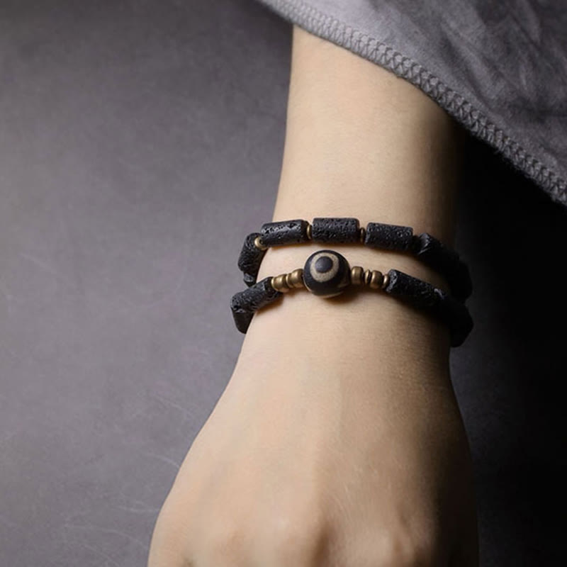 Stone of buddha Vintage Lava Rock Three-eyed Dzi Bead Copper Brass Multi-turn Wrap Calm Bracelet