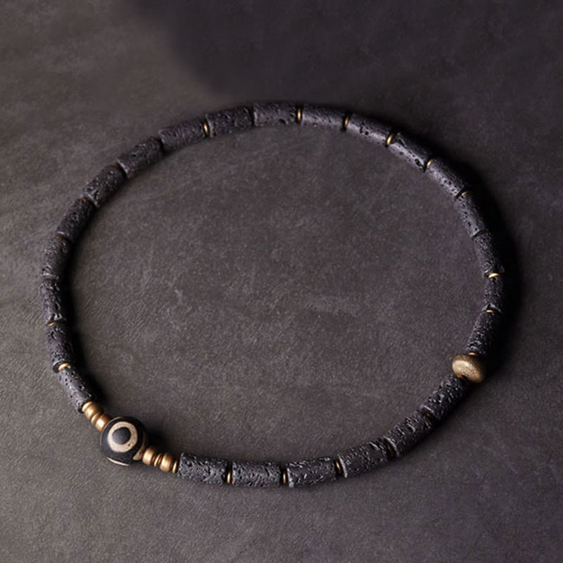 Stone of buddha Vintage Lava Rock Three-eyed Dzi Bead Copper Brass Multi-turn Wrap Calm Bracelet
