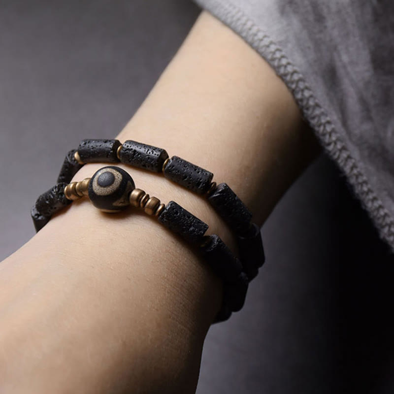 Stone of buddha Vintage Lava Rock Three-eyed Dzi Bead Copper Brass Multi-turn Wrap Calm Bracelet