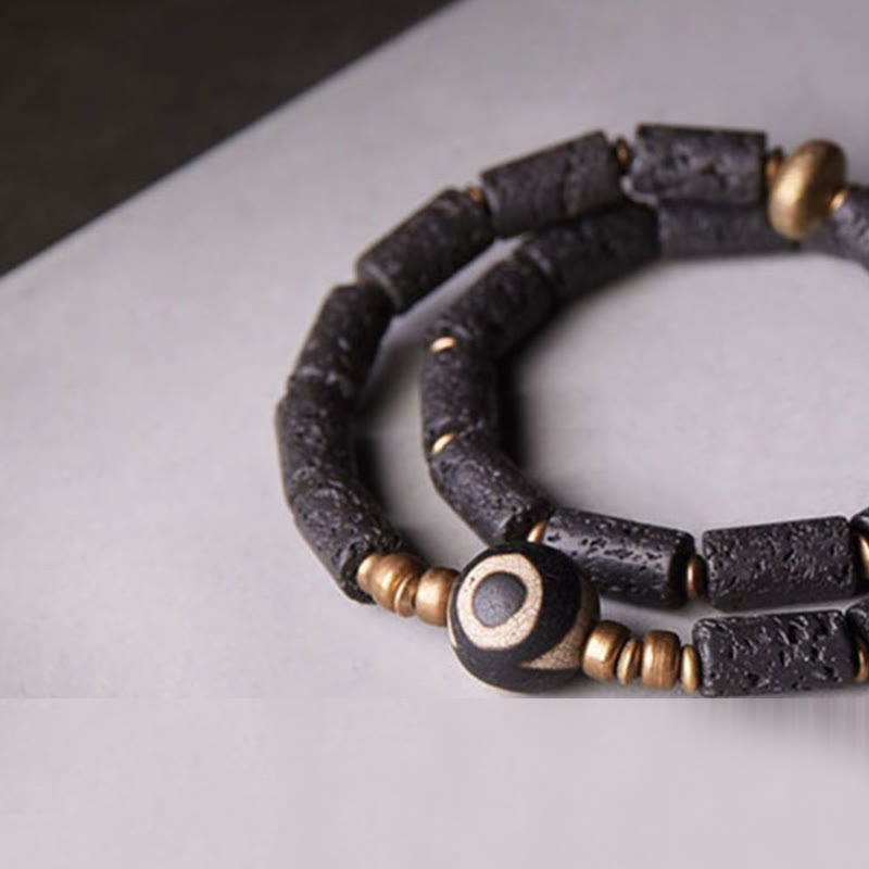Stone of buddha Vintage Lava Rock Three-eyed Dzi Bead Copper Brass Multi-turn Wrap Calm Bracelet