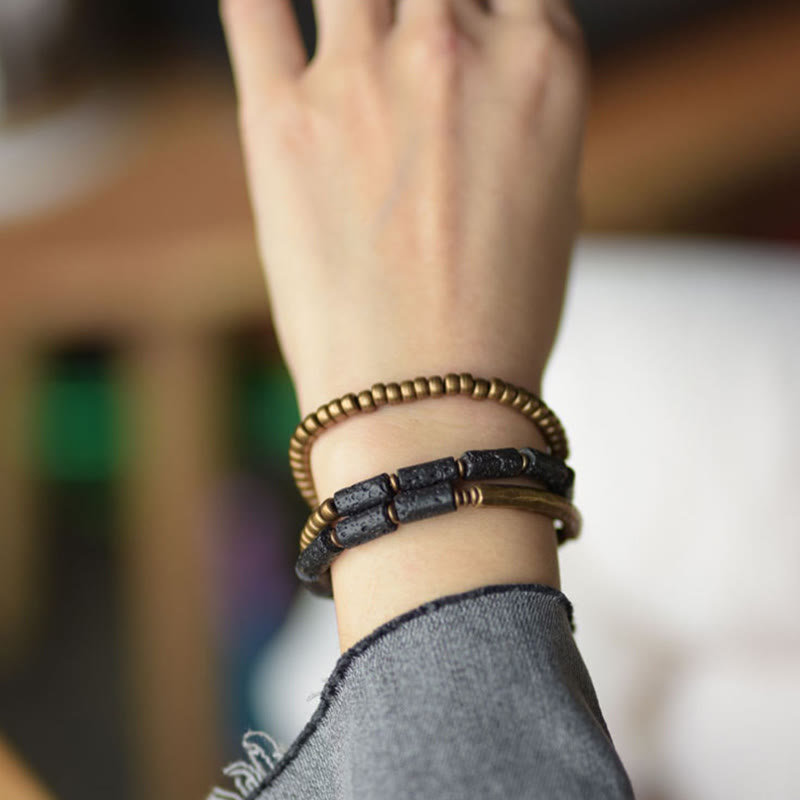 Stone of buddha Vintage Lava Rock Copper Brass Multi-turn Wrap Calm Bracelet