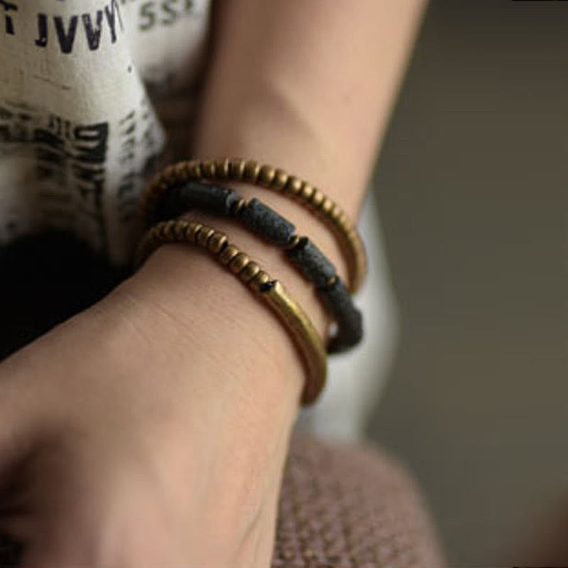 Stone of buddha Vintage Lava Rock Copper Brass Multi-turn Wrap Calm Bracelet