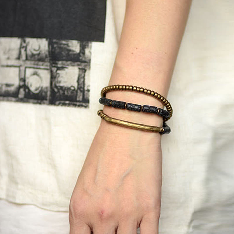 Stone of buddha Vintage Lava Rock Copper Brass Multi-turn Wrap Calm Bracelet