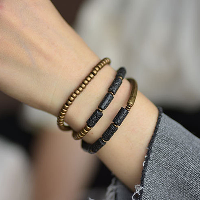 Stone of buddha Vintage Lava Rock Copper Brass Multi-turn Wrap Calm Bracelet