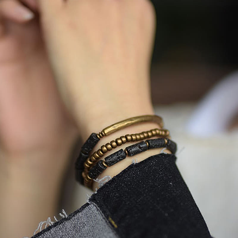 Stone of buddha Vintage Lava Rock Copper Brass Multi-turn Wrap Calm Bracelet