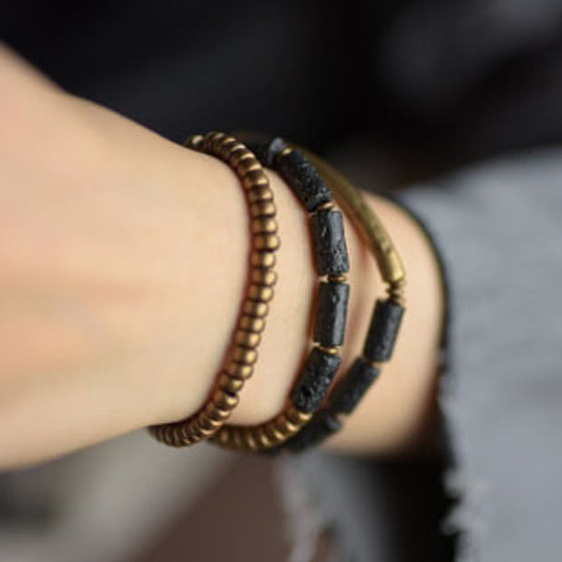Stone of buddha Vintage Lava Rock Copper Brass Multi-turn Wrap Calm Bracelet