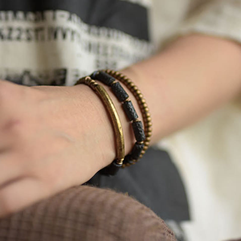 Stone of buddha Vintage Lava Rock Copper Brass Multi-turn Wrap Calm Bracelet
