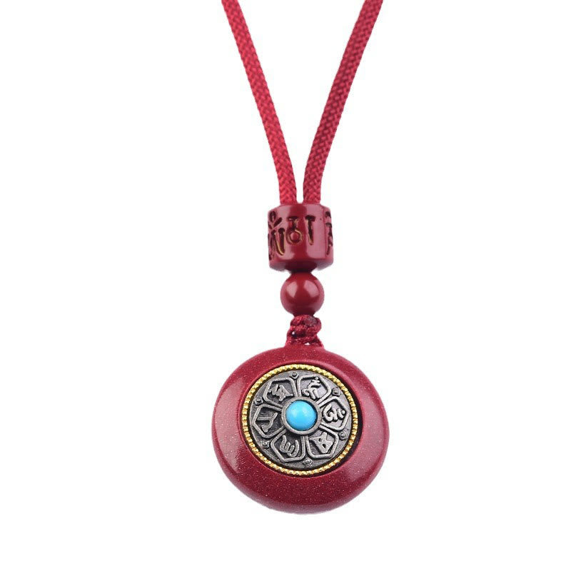 Stone of buddha Natural Cinnabar Six True Words 'Om Mani Padme Hum' Braided String Blessing Key Chain Necklace Pendant