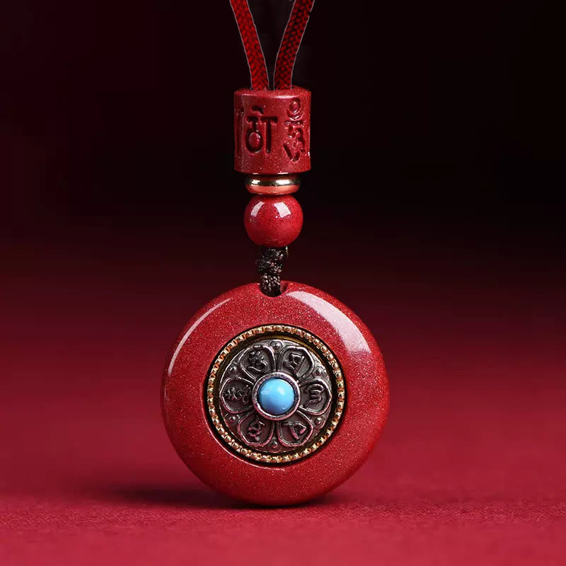Stone of buddha Natural Cinnabar Six True Words 'Om Mani Padme Hum' Braided String Blessing Key Chain Necklace Pendant