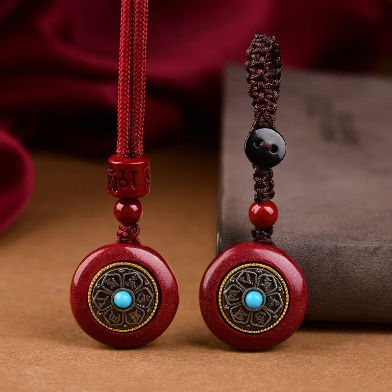 Stone of buddha Natural Cinnabar Six True Words 'Om Mani Padme Hum' Braided String Blessing Key Chain Necklace Pendant