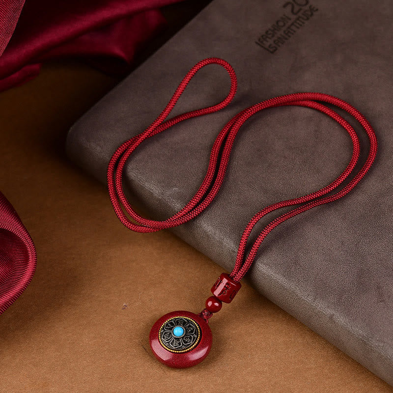 Stone of buddha Natural Cinnabar Six True Words 'Om Mani Padme Hum' Braided String Blessing Key Chain Necklace Pendant