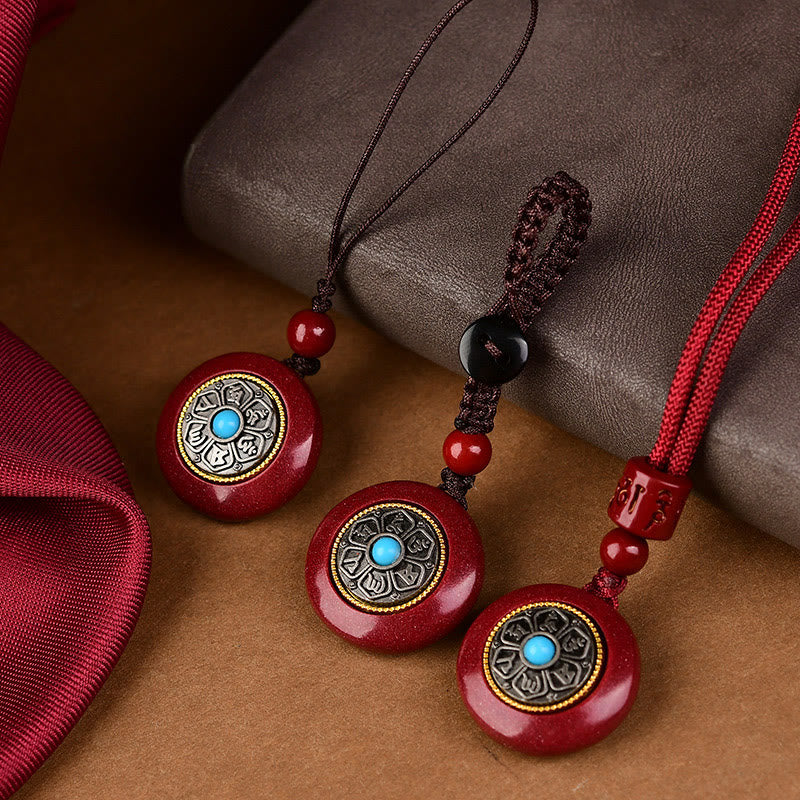 Stone of buddha Natural Cinnabar Six True Words 'Om Mani Padme Hum' Braided String Blessing Key Chain Necklace Pendant