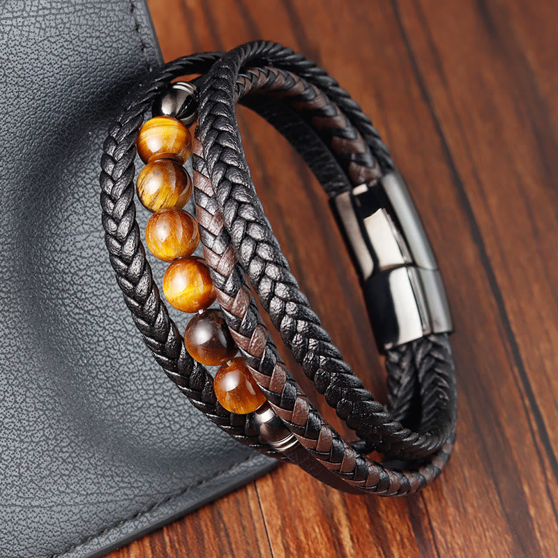 Stone of buddha Tiger Eye Stone Protection Leather Bracelet