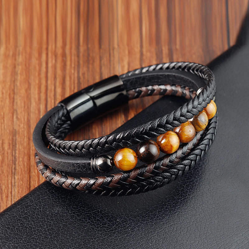 Stone of buddha Tiger Eye Stone Protection Leather Bracelet