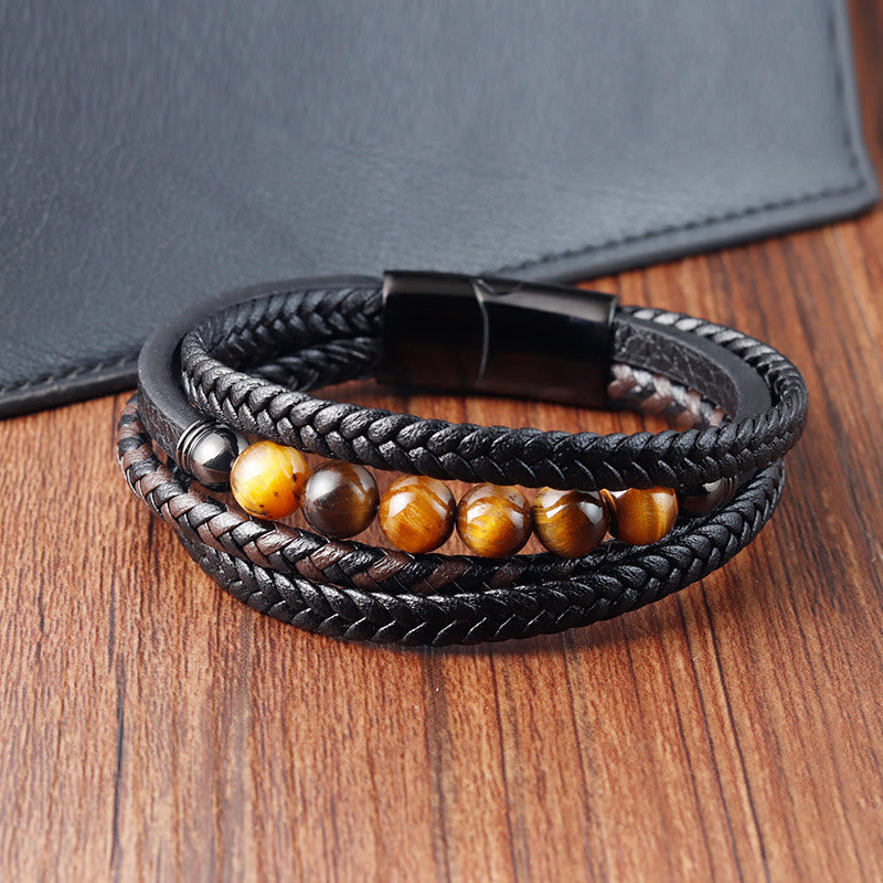 Stone of buddha Tiger Eye Stone Protection Leather Bracelet