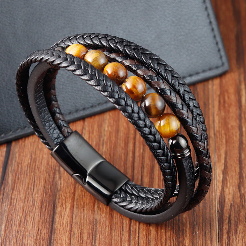 Stone of buddha Tiger Eye Stone Protection Leather Bracelet