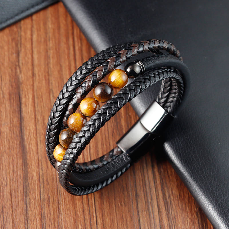 Stone of buddha Tiger Eye Stone Protection Leather Bracelet