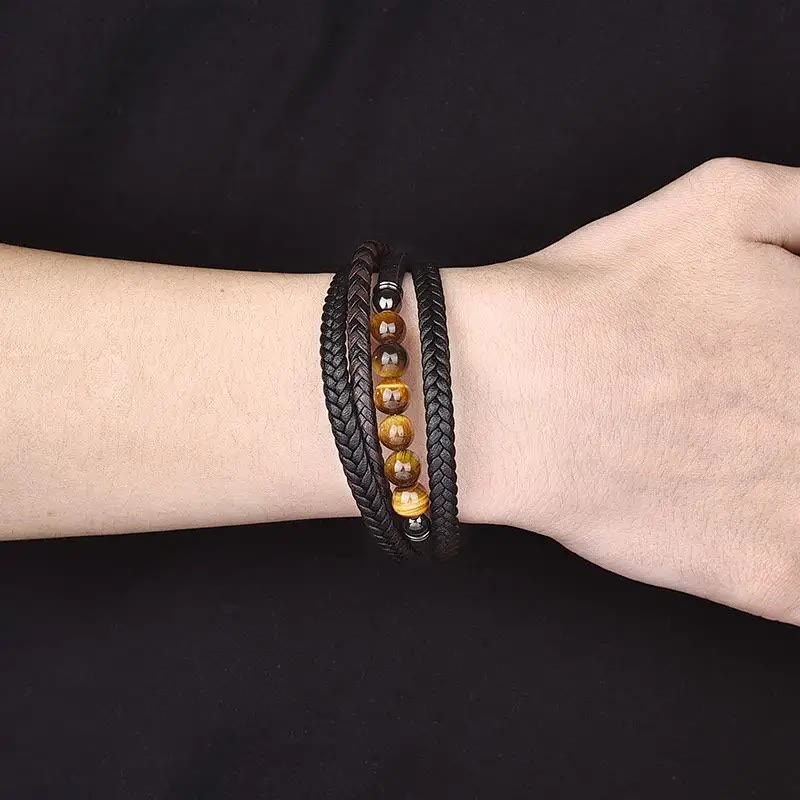 Stone of buddha Tiger Eye Stone Protection Leather Bracelet
