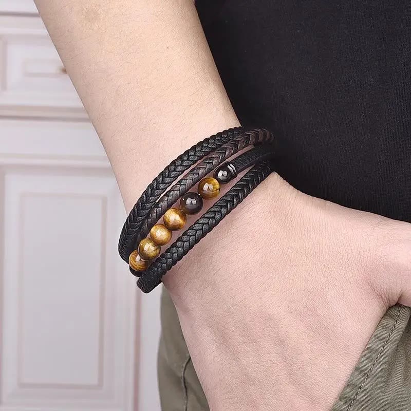 Stone of buddha Tiger Eye Stone Protection Leather Bracelet
