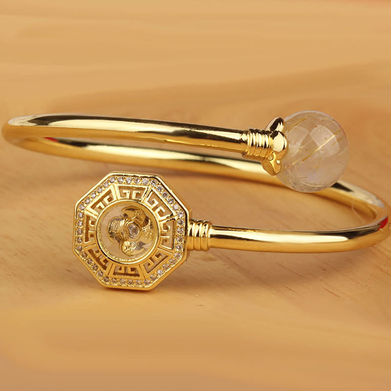Stone of buddha Rutilated Quartz Copper Brass Rotatable Windmill Feng Sheng Shui Qi Courage Bracelet Bangle
