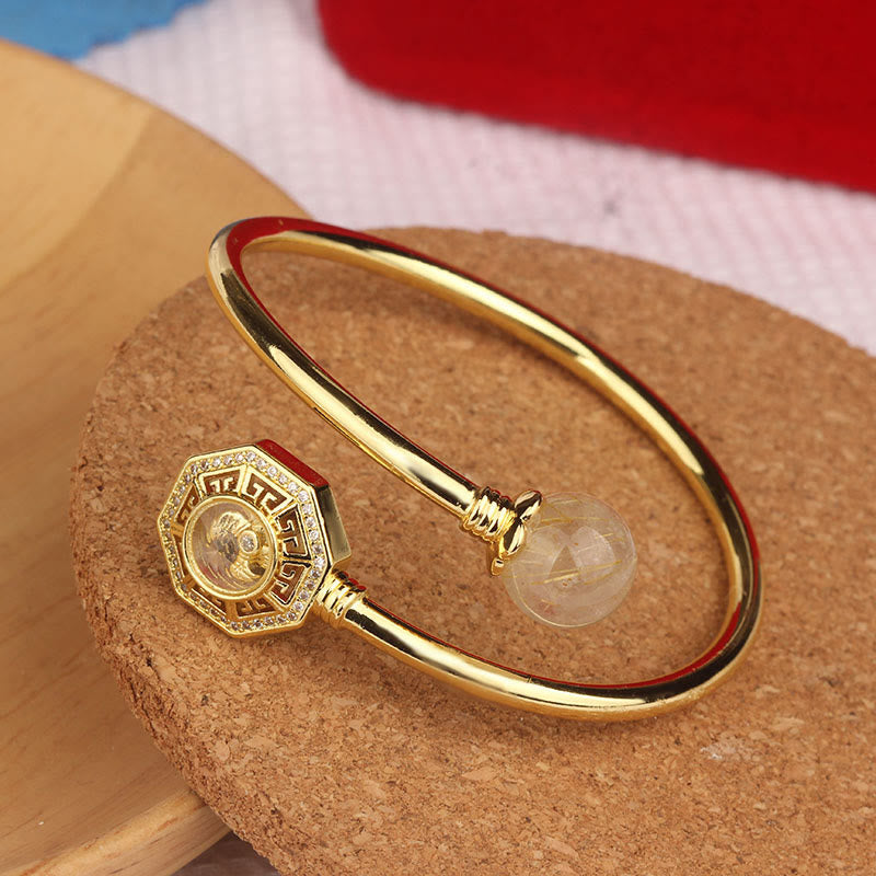 Stone of buddha Rutilated Quartz Copper Brass Rotatable Windmill Feng Sheng Shui Qi Courage Bracelet Bangle
