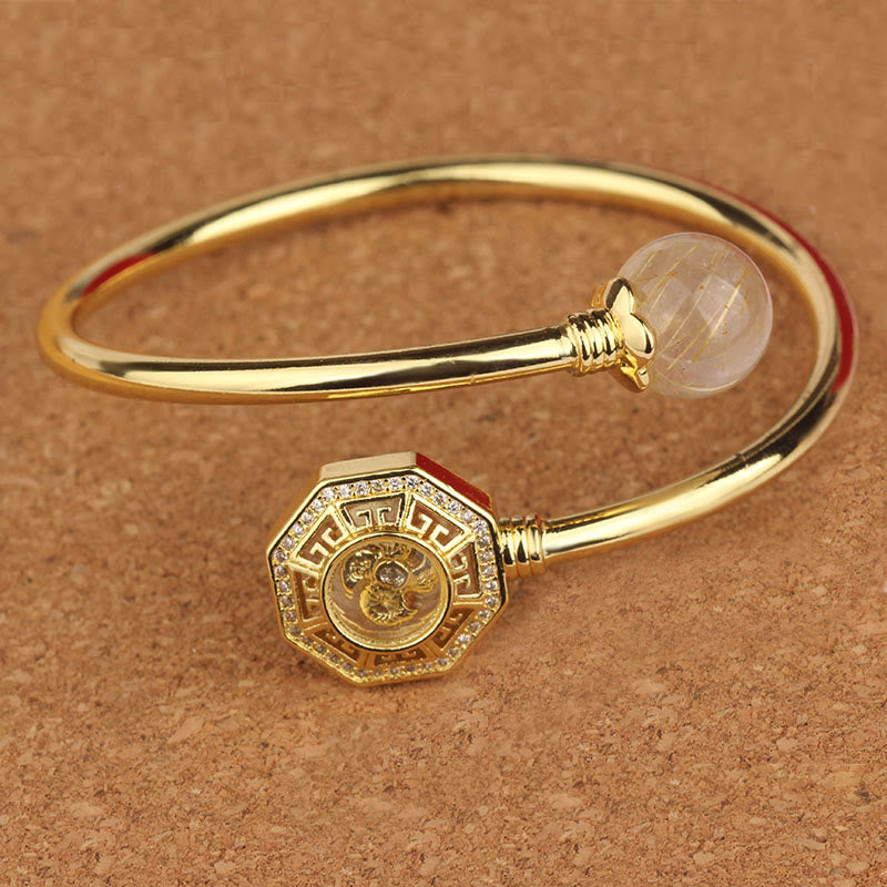 Stone of buddha Rutilated Quartz Copper Brass Rotatable Windmill Feng Sheng Shui Qi Courage Bracelet Bangle