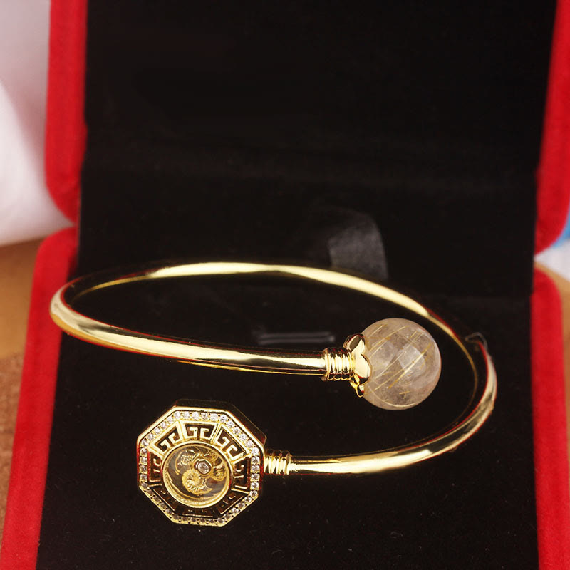 Stone of buddha Rutilated Quartz Copper Brass Rotatable Windmill Feng Sheng Shui Qi Courage Bracelet Bangle
