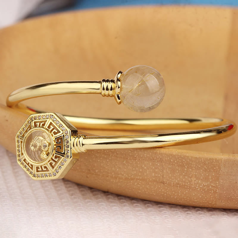 Stone of buddha Rutilated Quartz Copper Brass Rotatable Windmill Feng Sheng Shui Qi Courage Bracelet Bangle