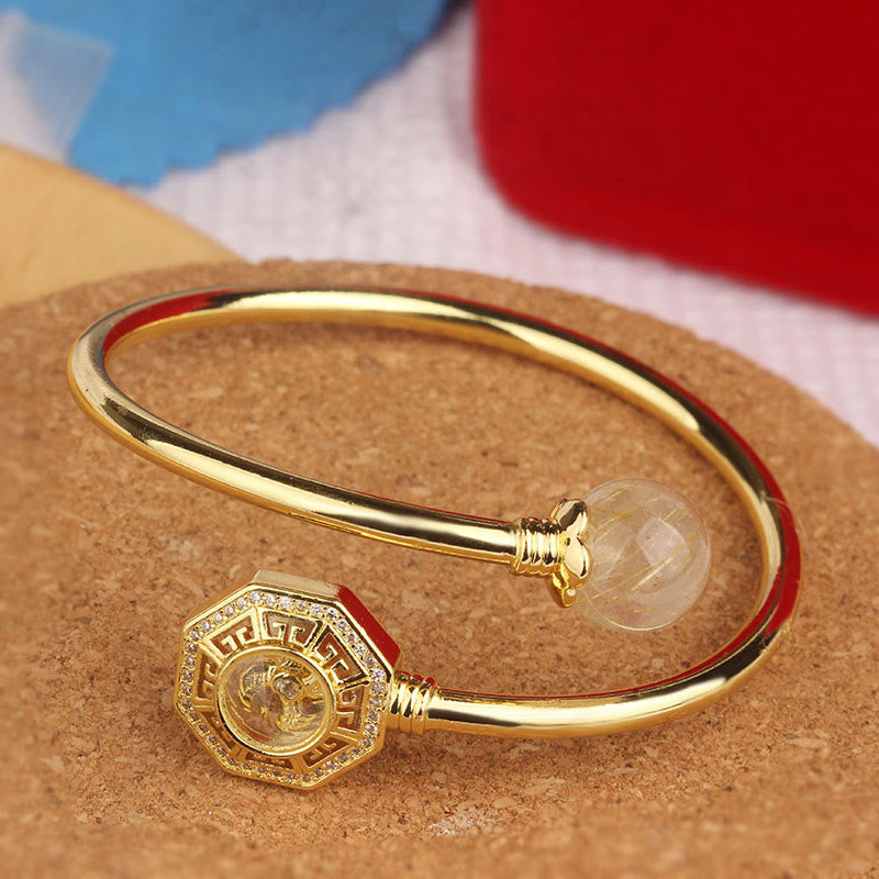 Stone of buddha Rutilated Quartz Copper Brass Rotatable Windmill Feng Sheng Shui Qi Courage Bracelet Bangle