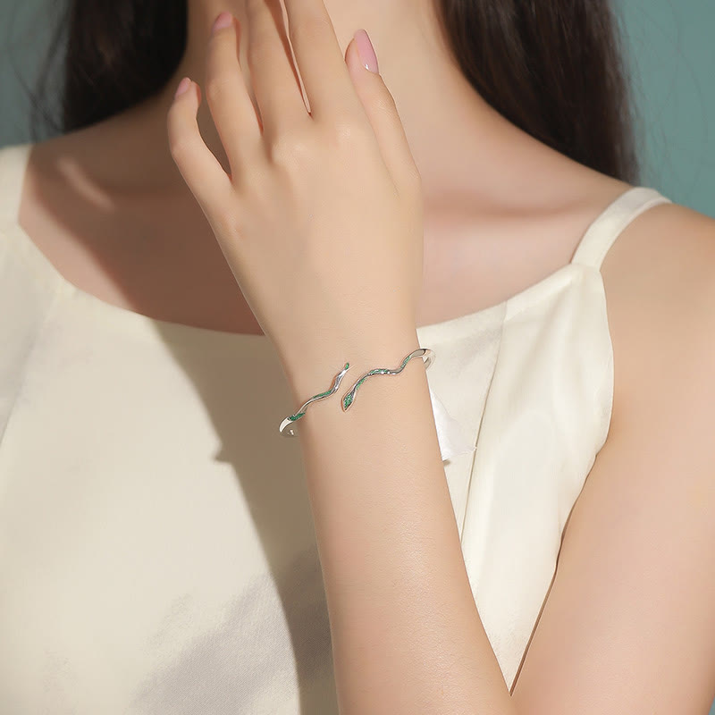 Stone of buddha 925 Sterling Silver Green Snake Enamel Craft Year Of The Snake Calm Cuff Bracelet Bangle