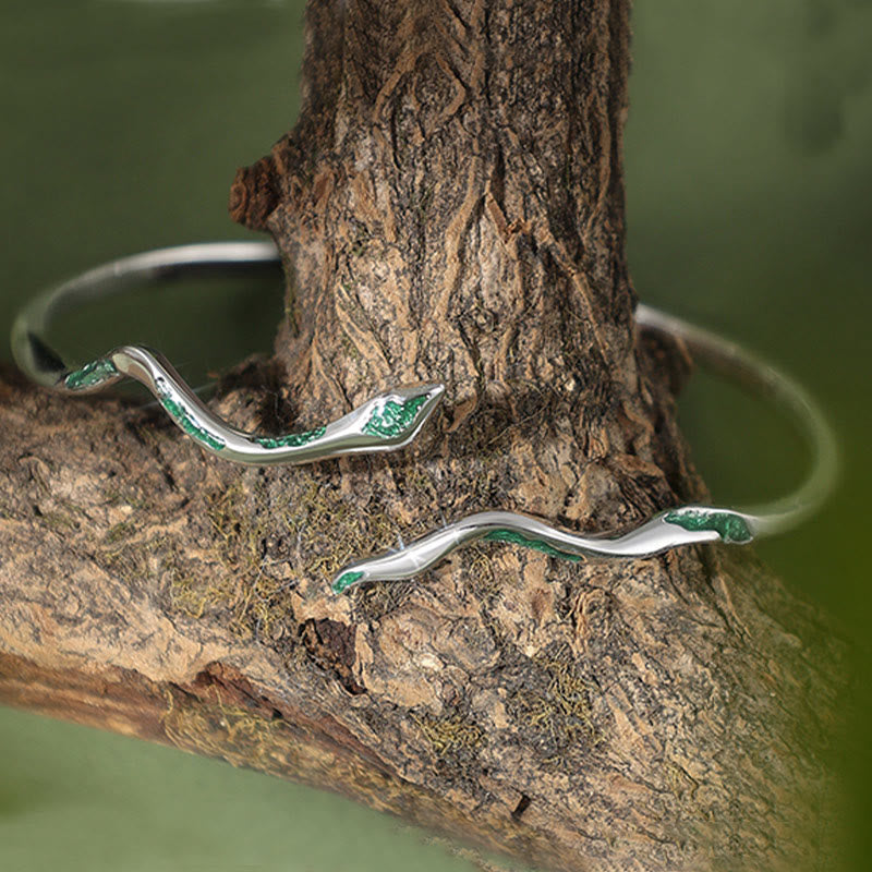 Stone of buddha 925 Sterling Silver Green Snake Enamel Craft Year Of The Snake Calm Cuff Bracelet Bangle