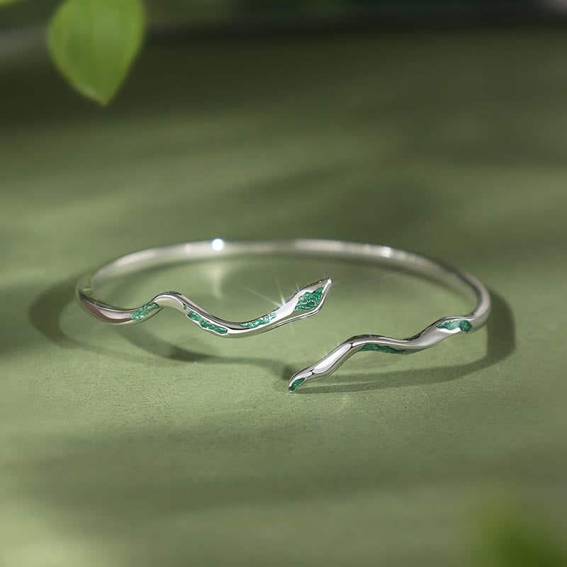 Stone of buddha 925 Sterling Silver Green Snake Enamel Craft Year Of The Snake Calm Cuff Bracelet Bangle