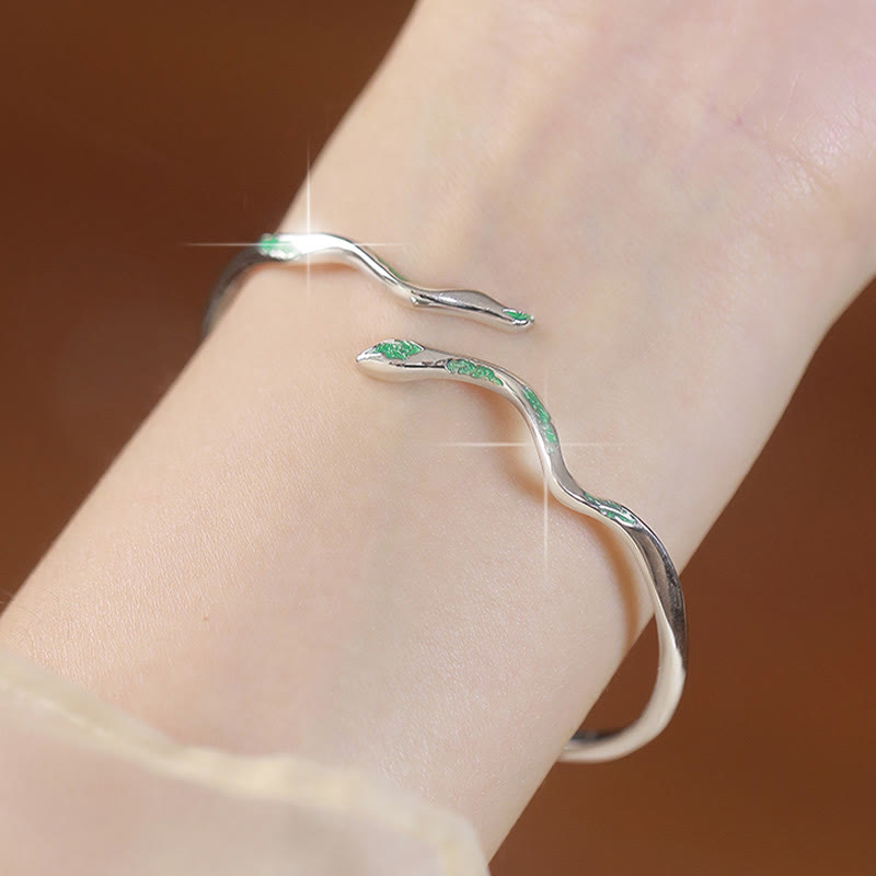 Stone of buddha 925 Sterling Silver Green Snake Enamel Craft Year Of The Snake Calm Cuff Bracelet Bangle