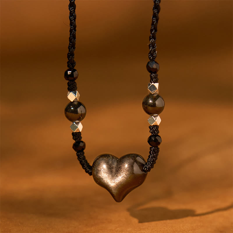 Stone of buddha Natural Silver Sheen Obsidian Heart Protection Necklace Pendant