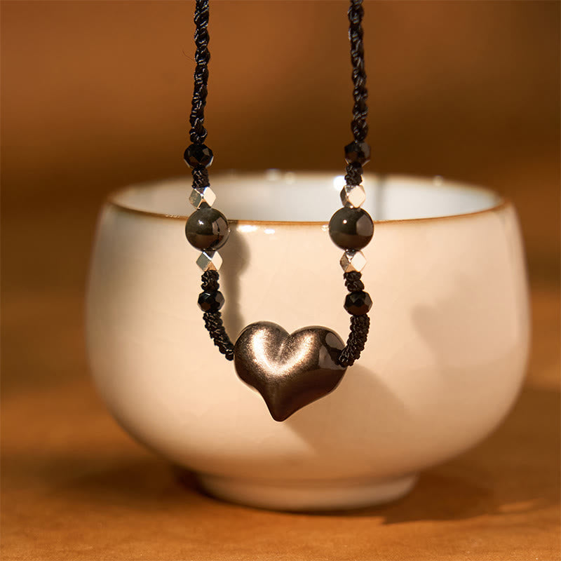 Stone of buddha Natural Silver Sheen Obsidian Heart Protection Necklace Pendant