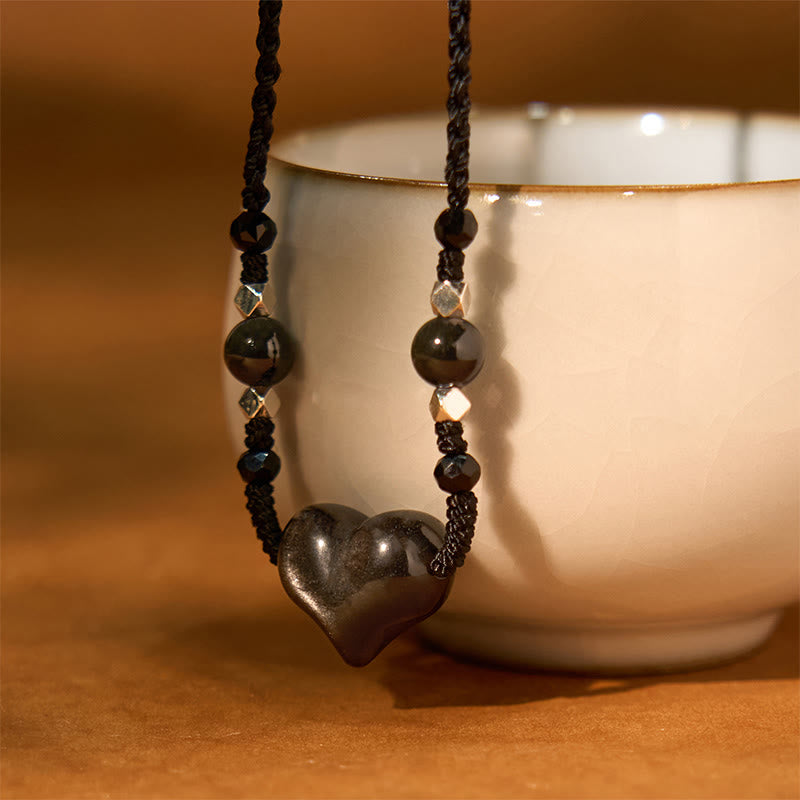 Stone of buddha Natural Silver Sheen Obsidian Heart Protection Necklace Pendant