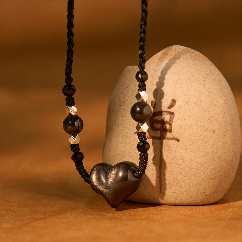 Stone of buddha Natural Silver Sheen Obsidian Heart Protection Necklace Pendant