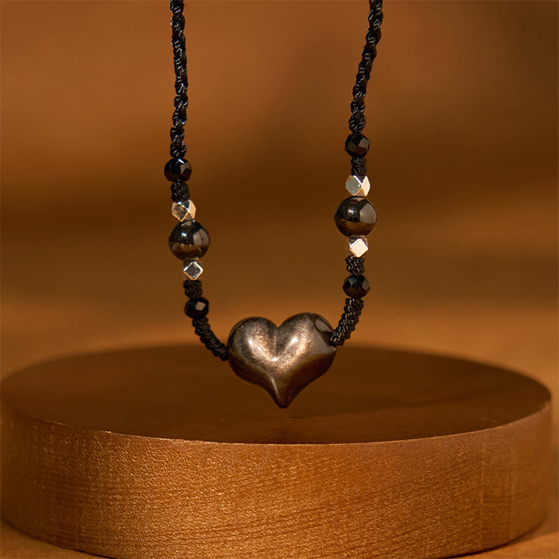 Stone of buddha Natural Silver Sheen Obsidian Heart Protection Necklace Pendant