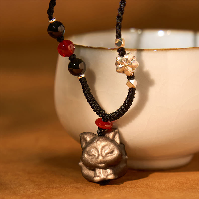 Stone of buddha Natural Silver Sheen Obsidian Nine Tailed Fox Protection Necklace Pendant