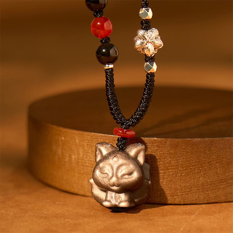 Stone of buddha Natural Silver Sheen Obsidian Nine Tailed Fox Protection Necklace Pendant
